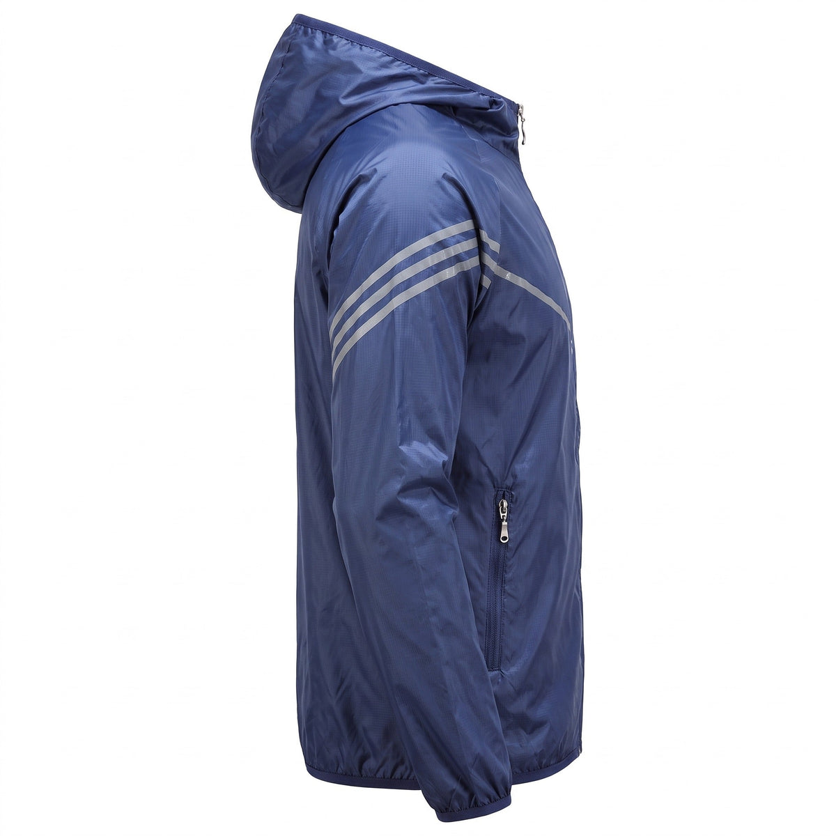 Blauwe hardloopjas met capuchon, rits en reflecterende strepen, zijaanzicht | Boutique Moda