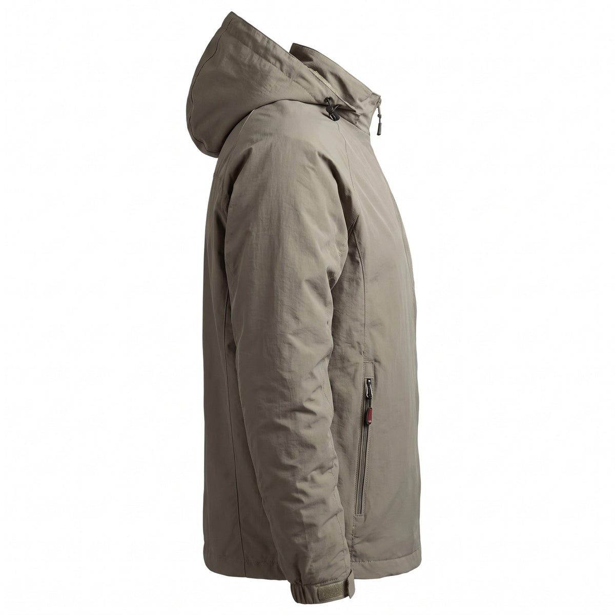Beige jas met capuchon en rits, zijaanzicht op paspop | Boutique Moda