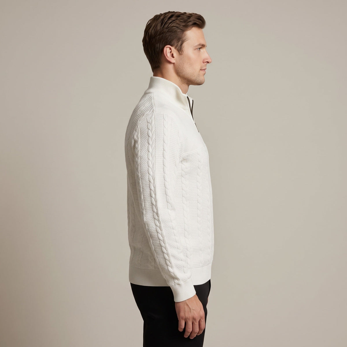 Relaxed Fit Trui met Rits Heren | Kabelpatroon | Opstaande Kraag
