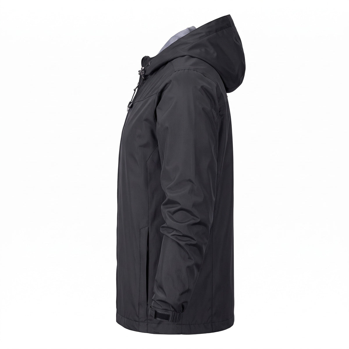Zwarte outdoorjas met capuchon, zijaanzicht op onzichtbare paspop getoond | Boutique Moda
