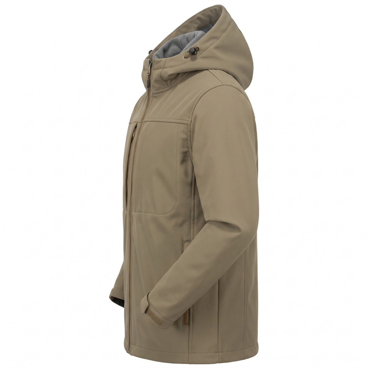 Beige softshell jas met capuchon, zijaanzicht op onzichtbare paspop | Boutique Moda