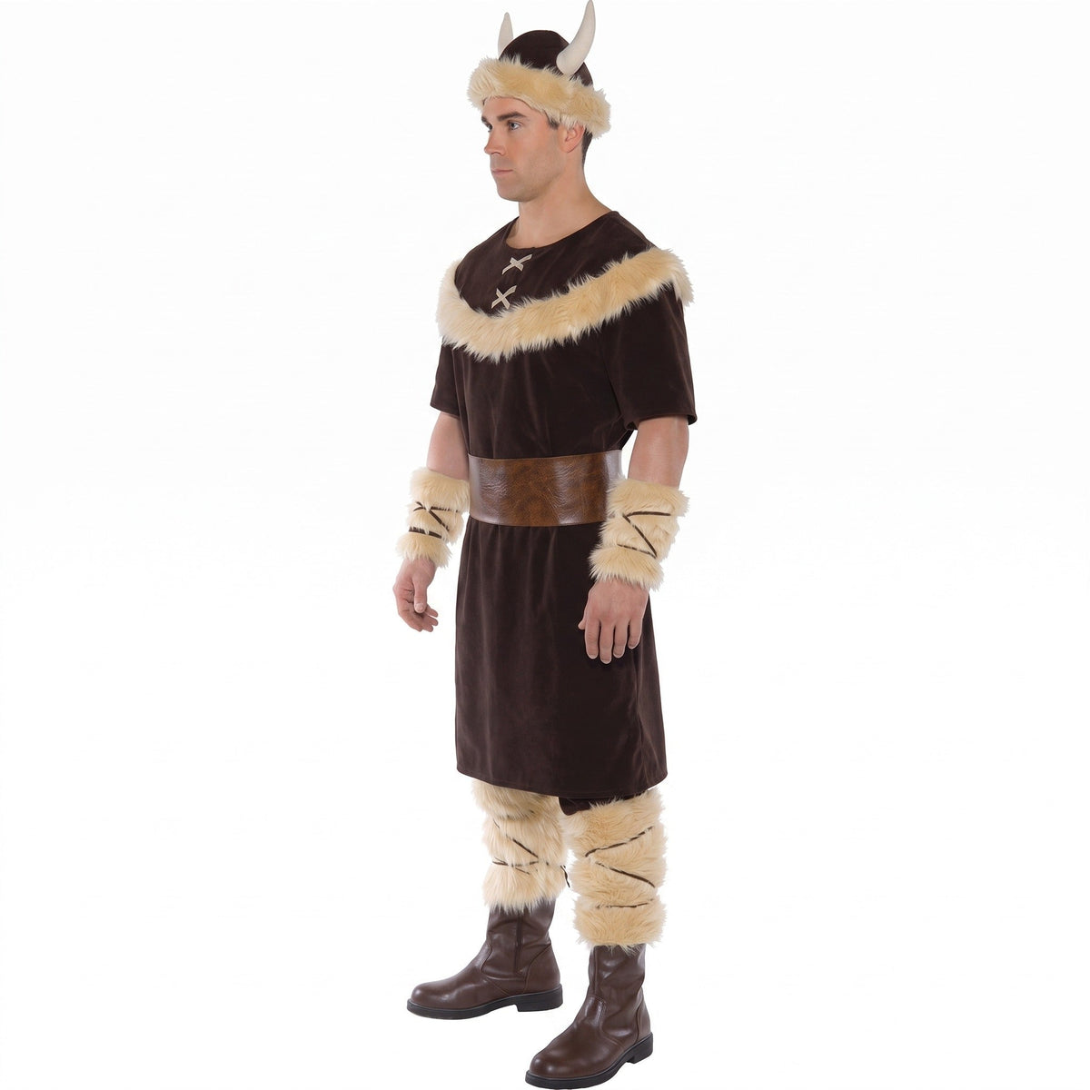 Viking Tuniek Kostuum | Hoed met Hoorns | Bont Arm en Beenstukken