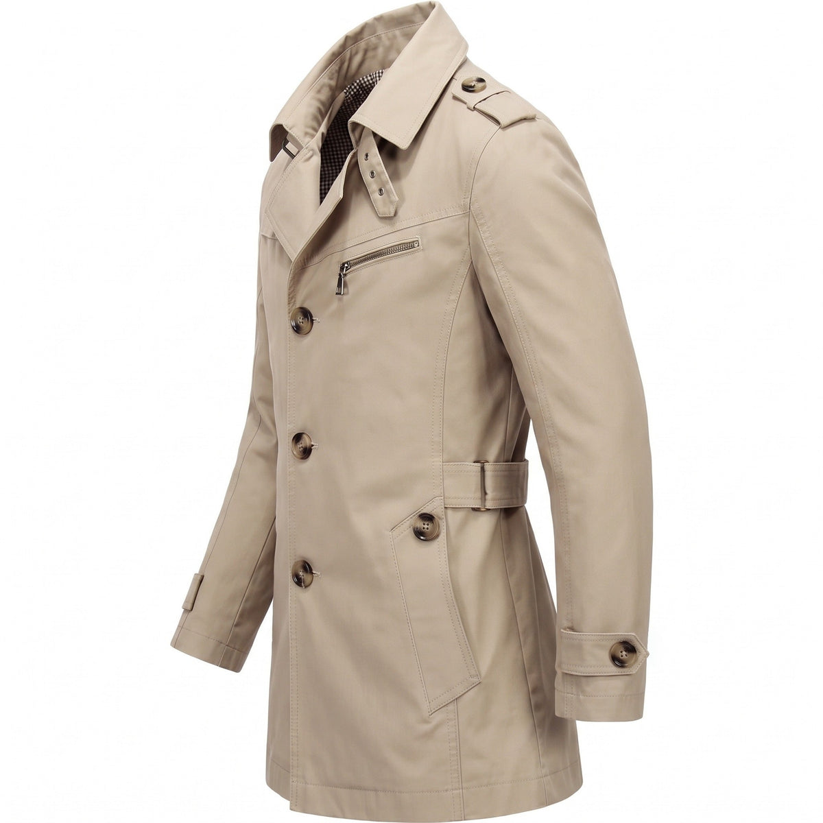 Beige trenchcoat met knoopsluiting en epauletten, getoond op paspop | Boutique Moda
