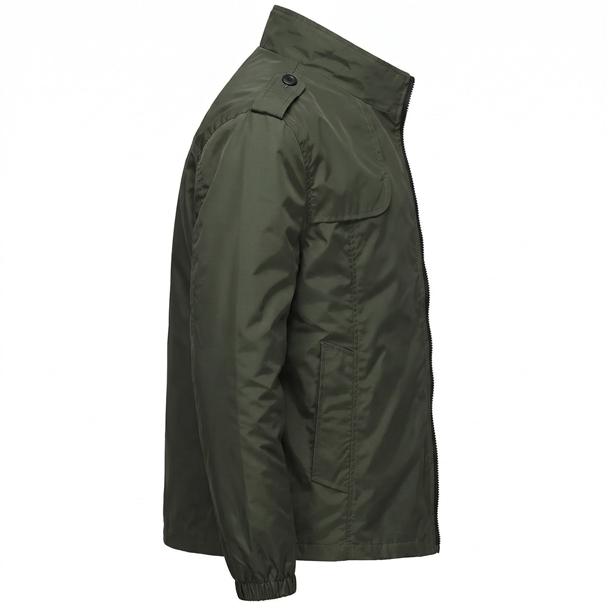 Legergroene jas met opstaande kraag, zijaanzicht op paspop getoond | Boutique Moda