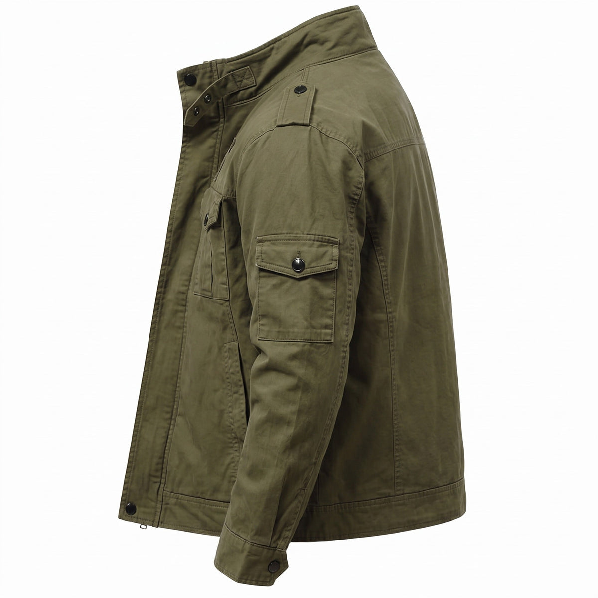 Groene utility jas met borstzak, zijaanzicht op paspop getoond | Boutique Moda