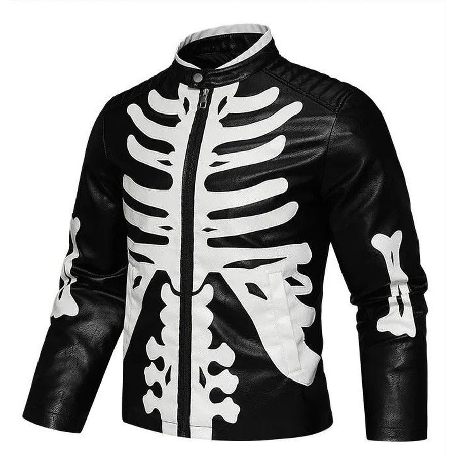 Zwarte bikerjack met wit skeletprint, getoond op paspop | Boutique Moda
