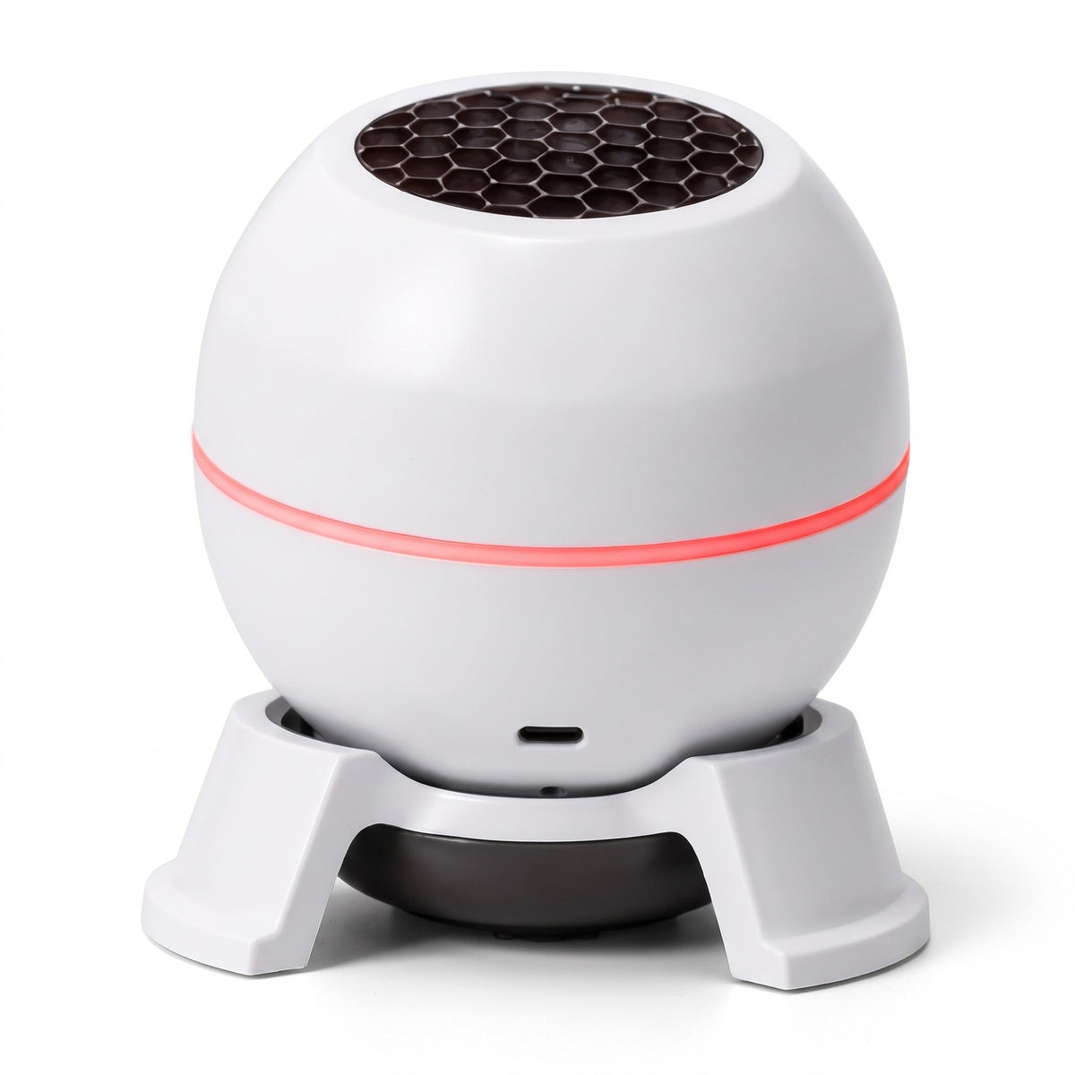 Witte bolvormige lichtprojector met rood lichtaccent, los op witte voet getoond | Boutique Moda