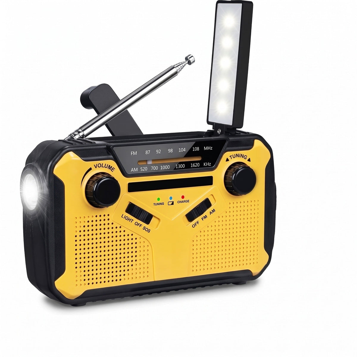 Gele en zwarte noodradio met zaklamp, antenne en uitklapbaar lampje | Boutique Moda