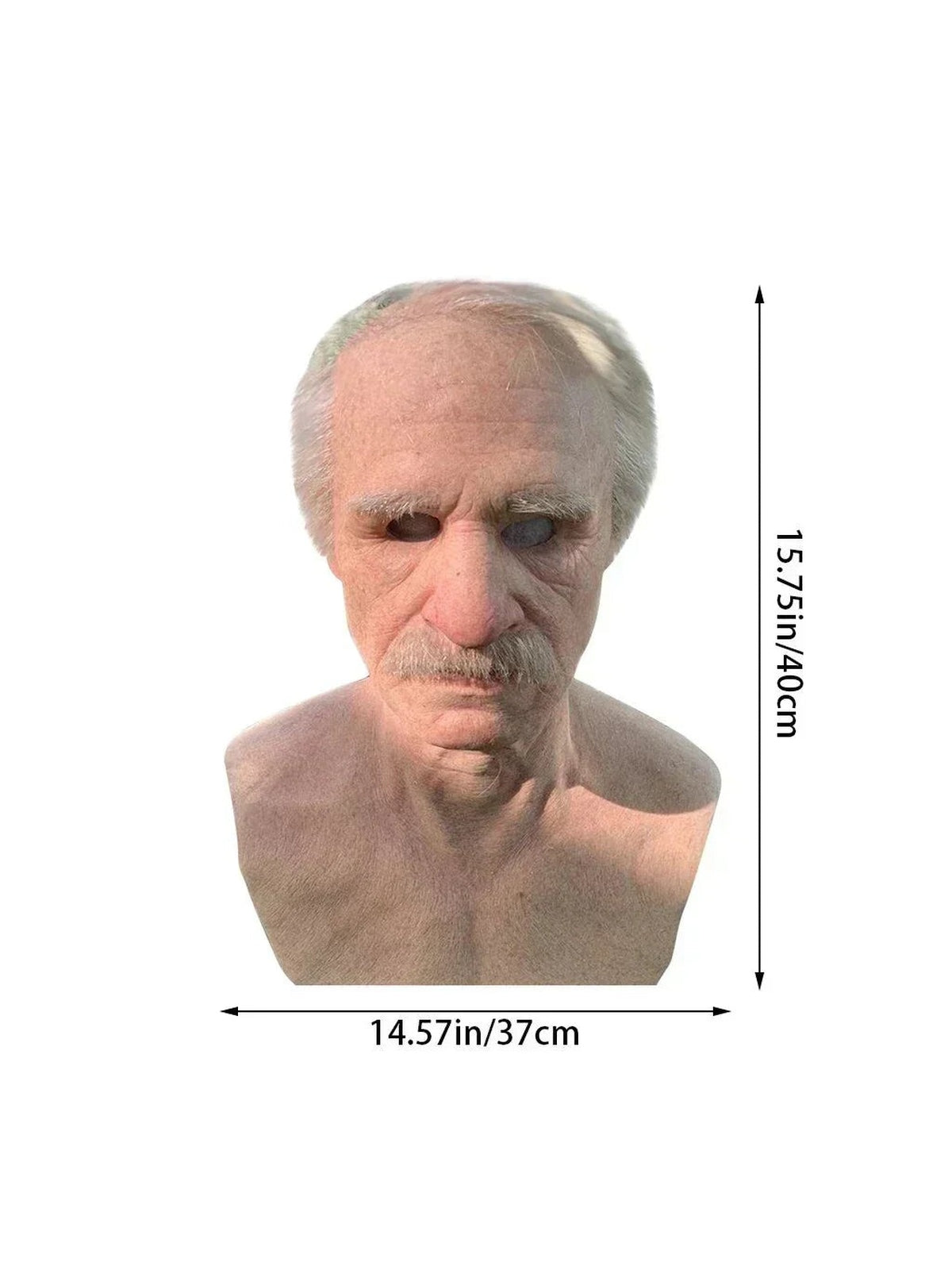 Maat van het latex masker: 40 cm hoog, 37 cm breed