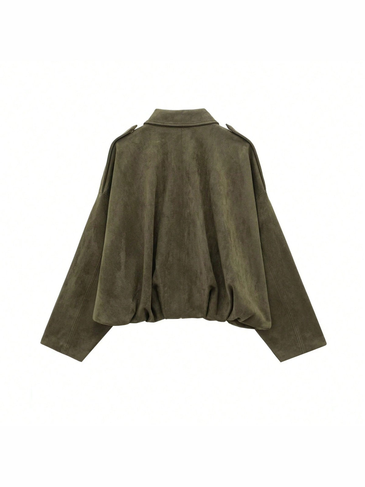 Olijfgroene oversized bomberjack in suèdelook, achteraanzicht, plat gefotografeerd op witte achtergrond | Boutique Moda