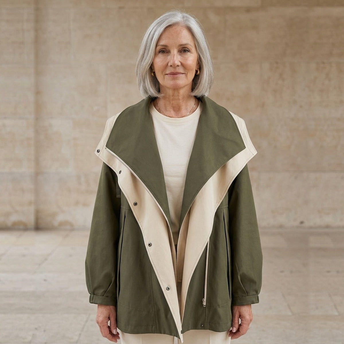 Groene met beige omkeerbare regenjas met capuchon, gedragen door oudere vrouw | Boutique Moda
