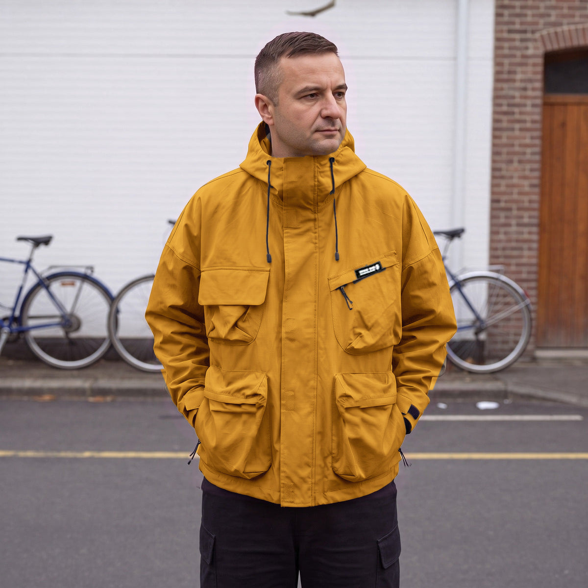 Model draagt de mosterdgele utility regenjas voor heren met capuchon
