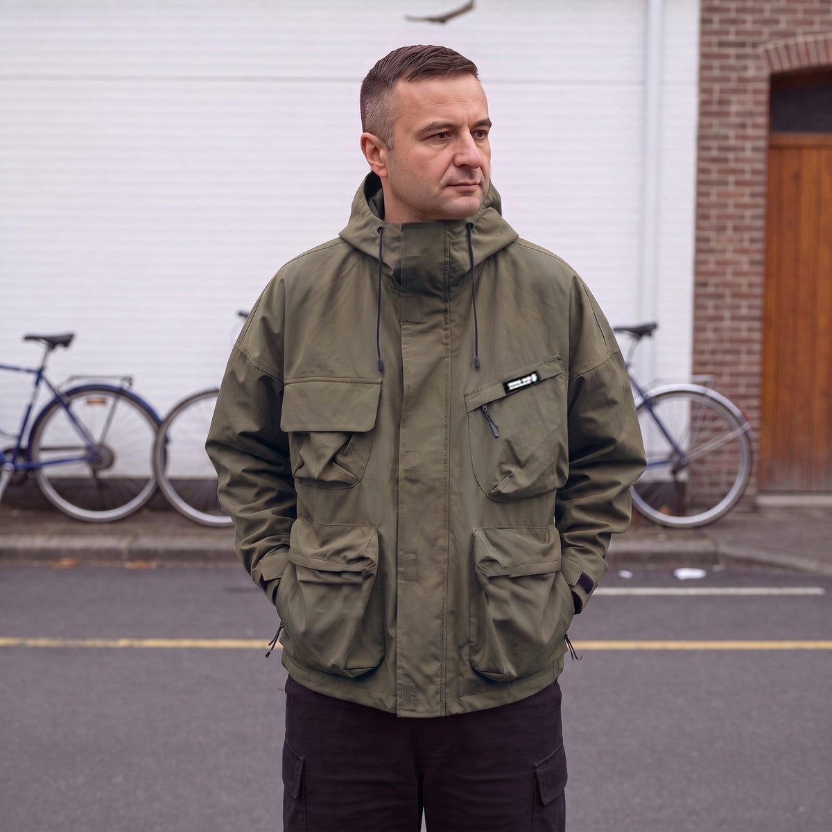 Model draagt de olijfgroene utility regenjas