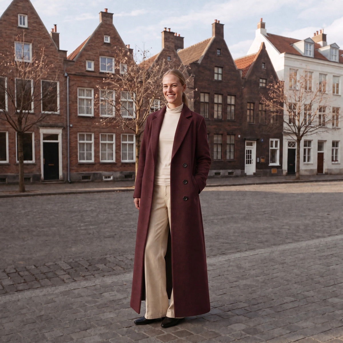 Bordeauxrode lange dubbelrijige jas gedragen door vrouw op straat | Boutique Moda