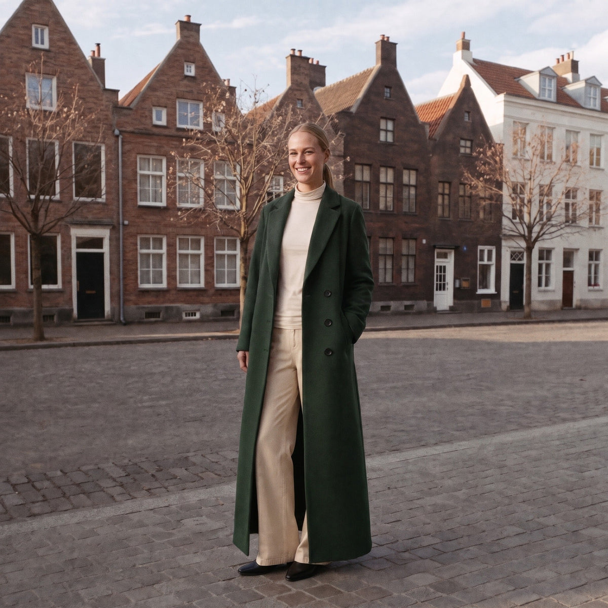 Lange groene dubbelrijige jas gedragen door vrouw op straat | Boutique Moda