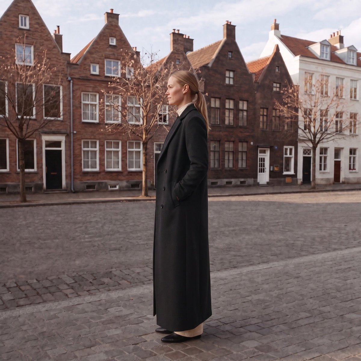 Vrouw draagt lange zwarte dubbelrijige jas op straat met historische gevels | Boutique Moda