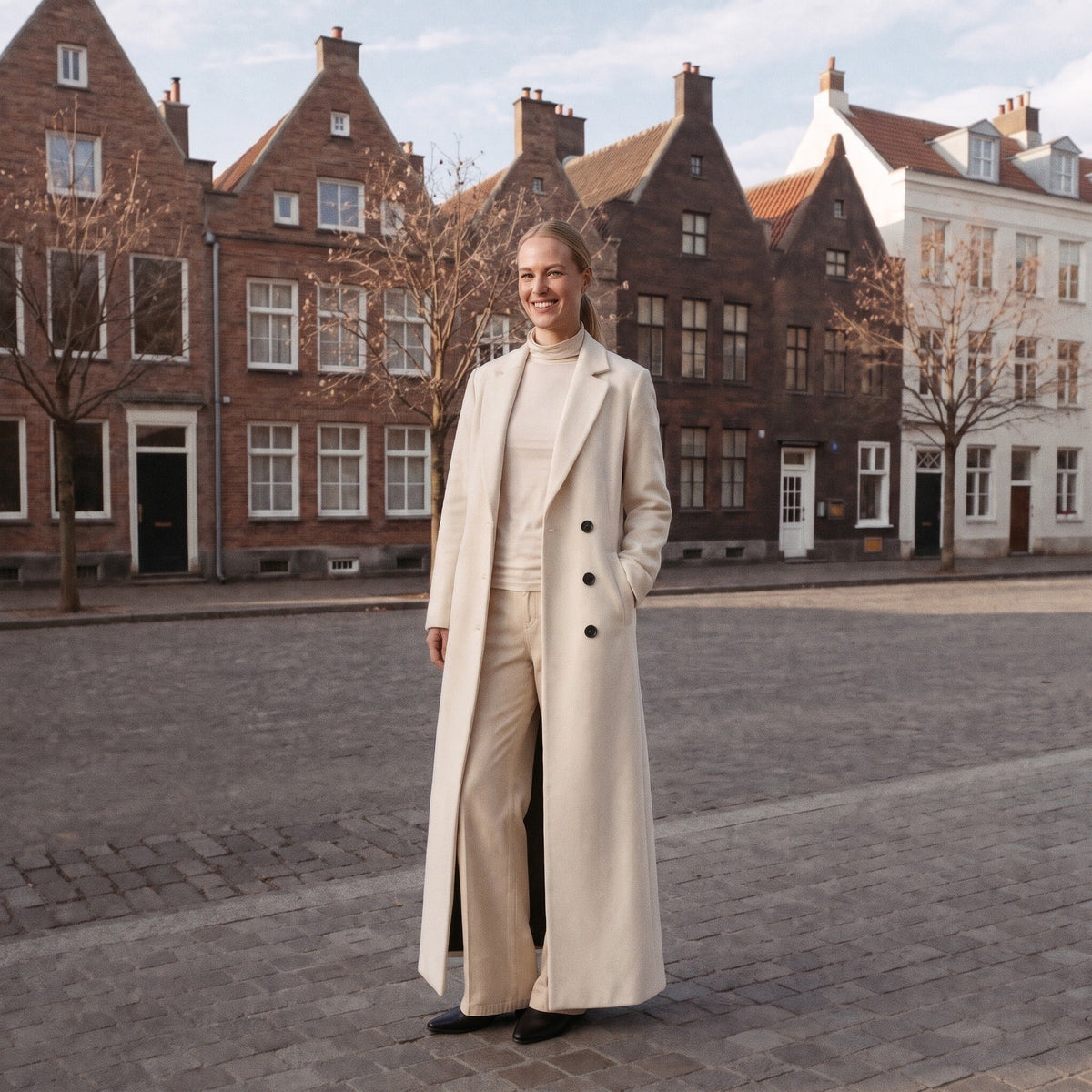 Vrouw draagt lange crèmekleurige dubbelrijige jas op straat met historische gebouwen | Boutique Moda