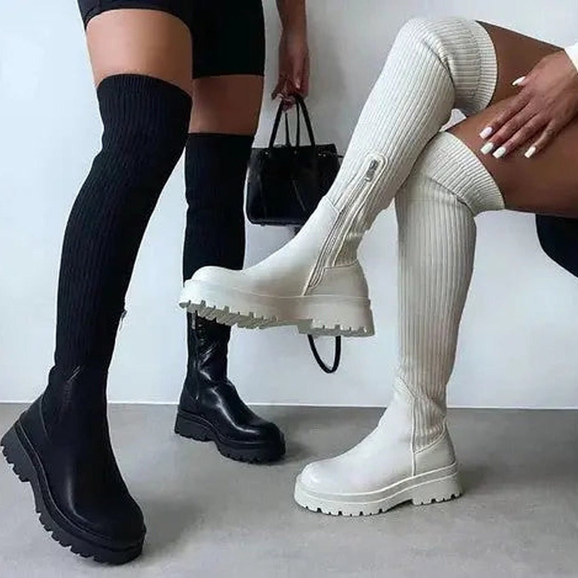 Sock Boots Dames | Overknee | Gebreid | Rits | Plateauzool