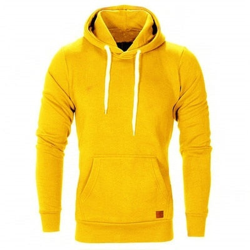 Gele hoodie met capuchon en koordjes, op onzichtbaar mannequin getoond | Boutique Moda