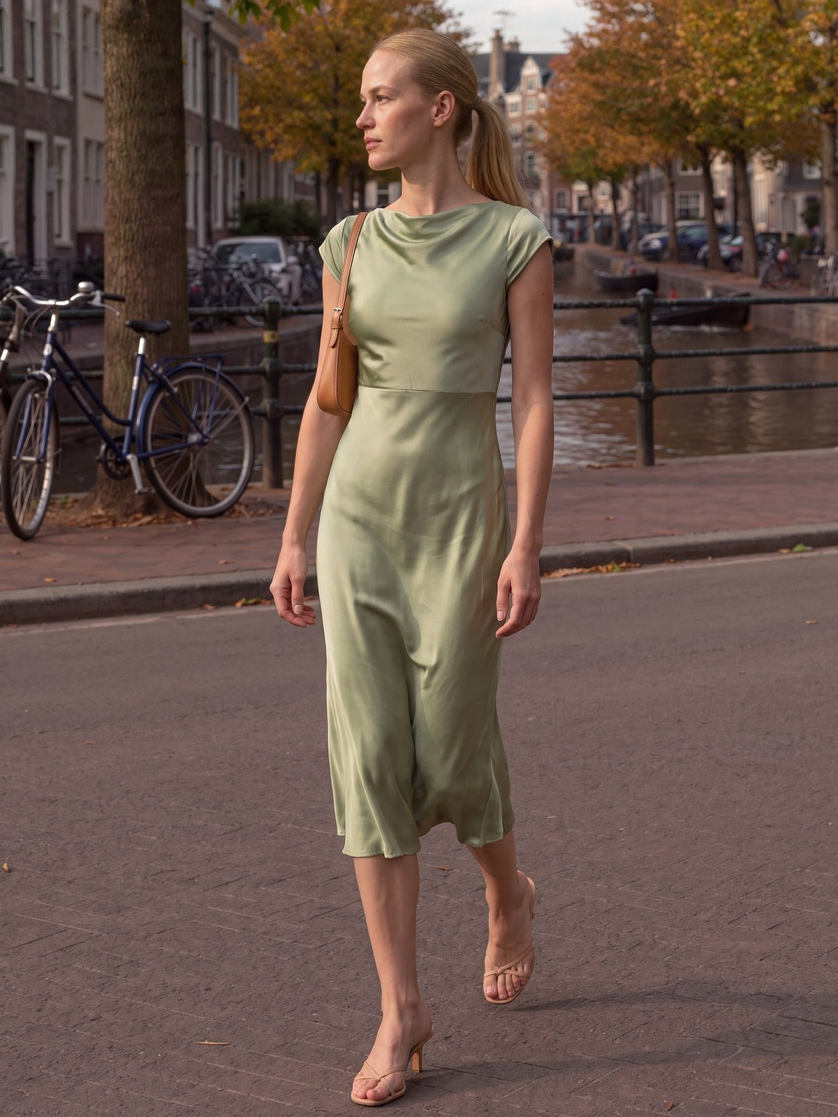 Vrouw in de saliegroene satijnen midi jurk langs een Amsterdamse gracht