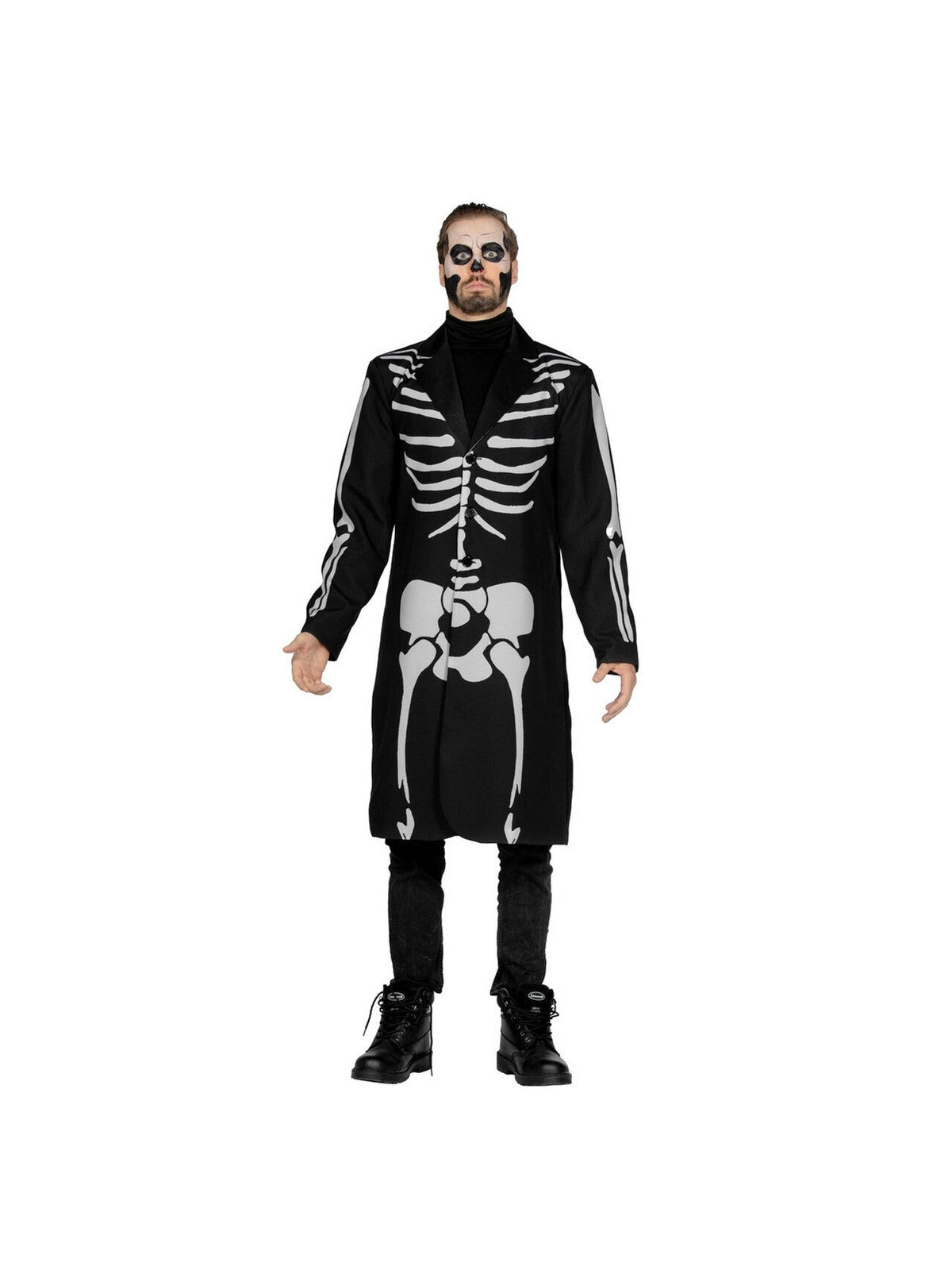 Man in een lange zwarte skelet kostuumjas, voorkant