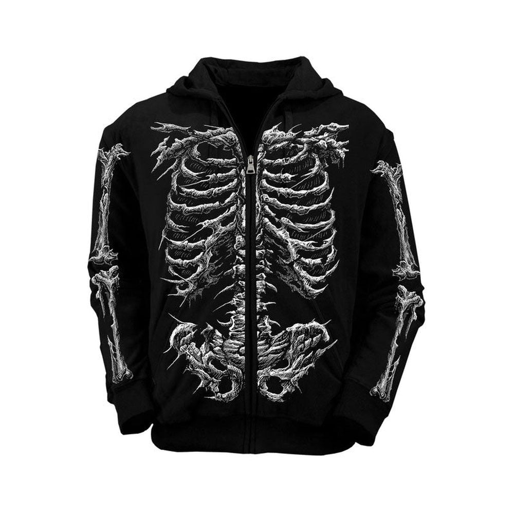 Zwarte hoodie met rits en skelet print, voorkant