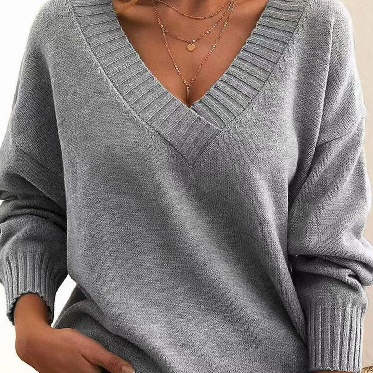 Grijze oversized trui dames met V-hals