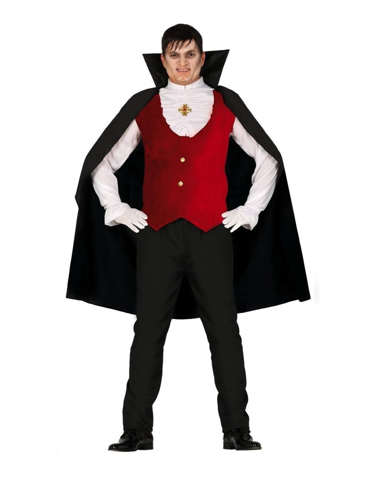 Man in een klassiek vampierkostuum met cape en rood gilet