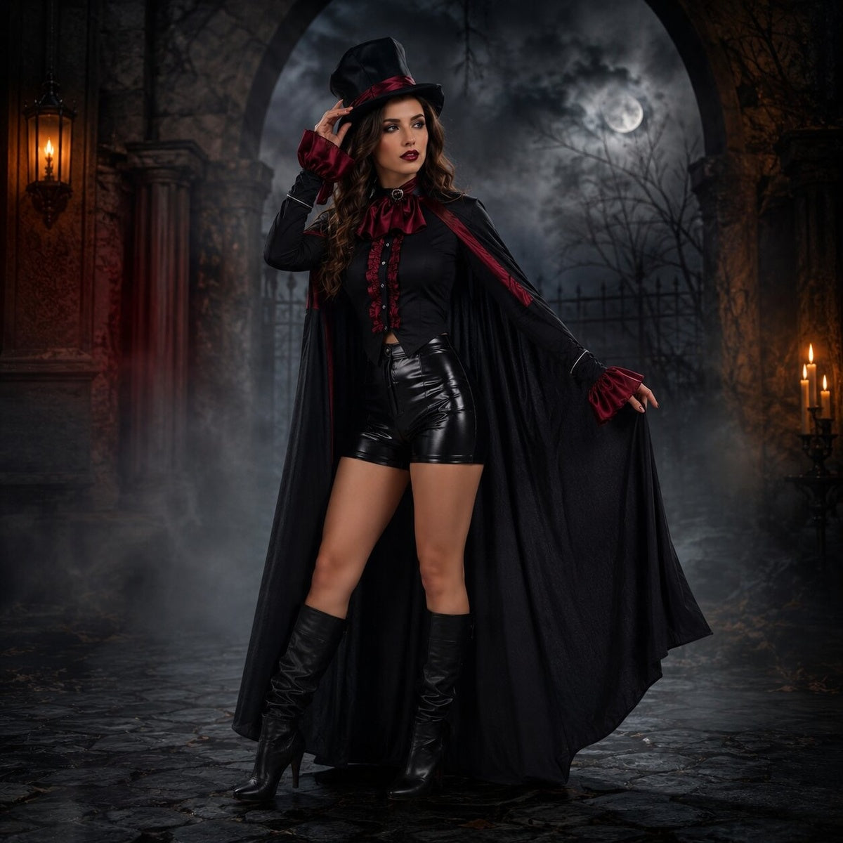Vrouw in het vampier kostuum bij een gothic kasteel