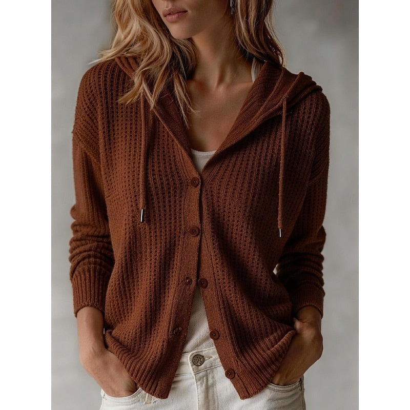 Roestbruin gebreid damesvest met capuchon en knoopsluiting | Boutique Moda