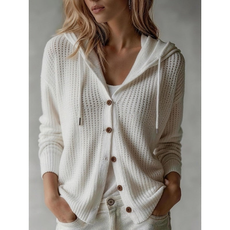Wit gebreid damesvest met capuchon en knoopsluiting | Boutique Moda