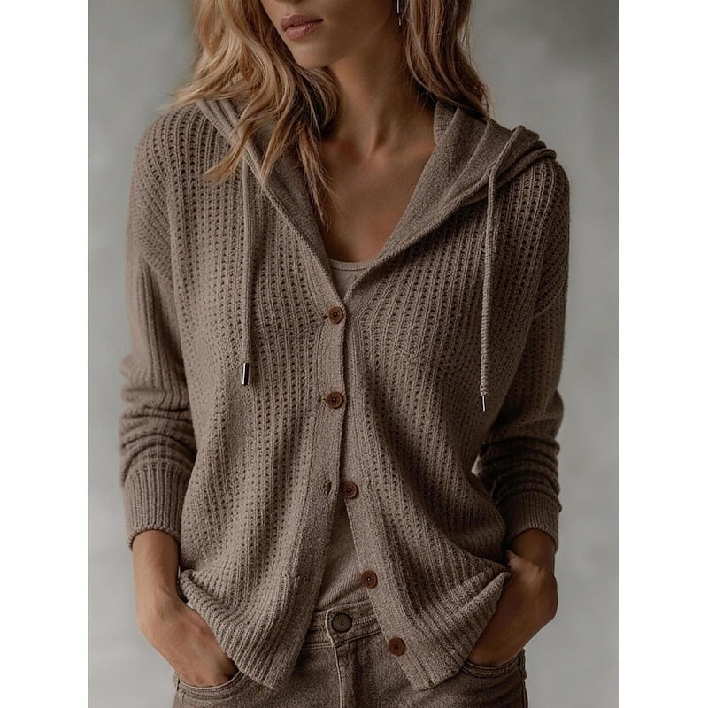 Taupe gebreid damesvest met capuchon en knoopsluiting | Boutique Moda