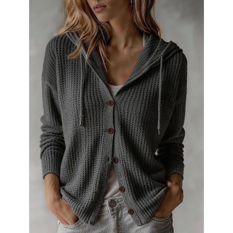 Donkergrijs gebreid damesvest met capuchon en knoopsluiting | Boutique Moda