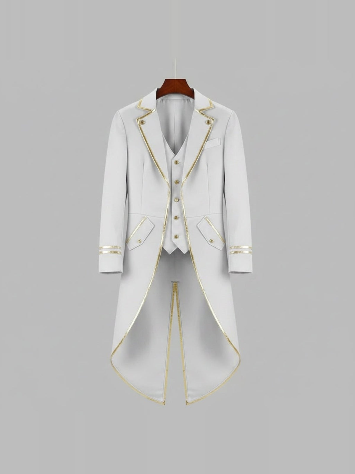 Witte Victoriaanse slipjas met gouden afwerking, voor- en achterkant