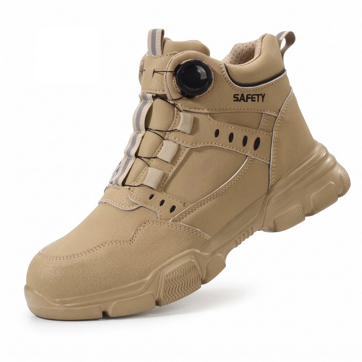 Beige werklaars met stalen neus, draaisluiting en geribbelde zool, vrijstaand | Boutique Moda