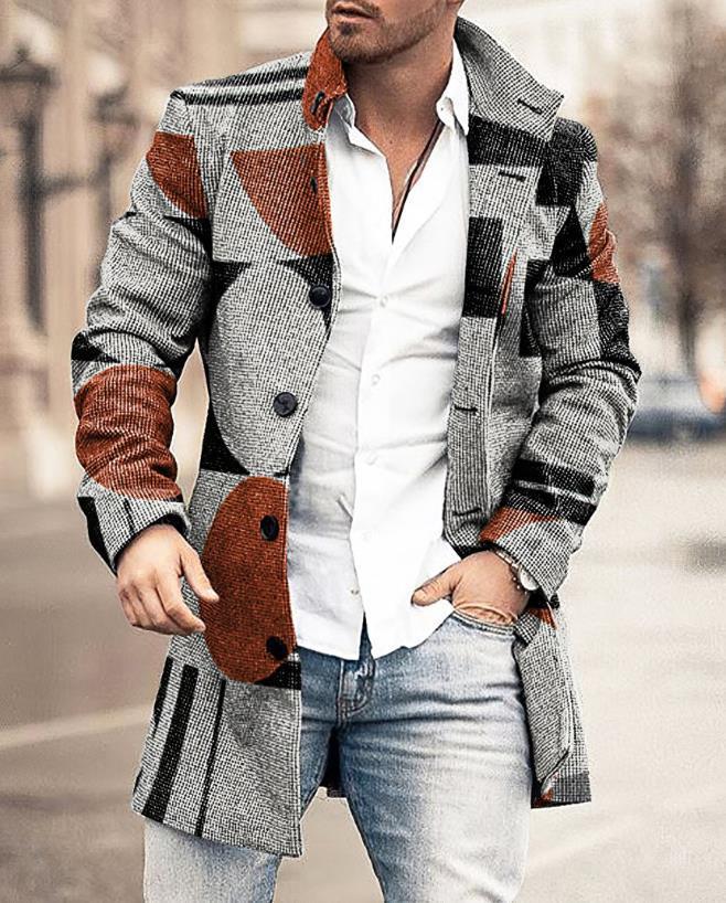 Grijze herenjas met roestkleurig patchwork