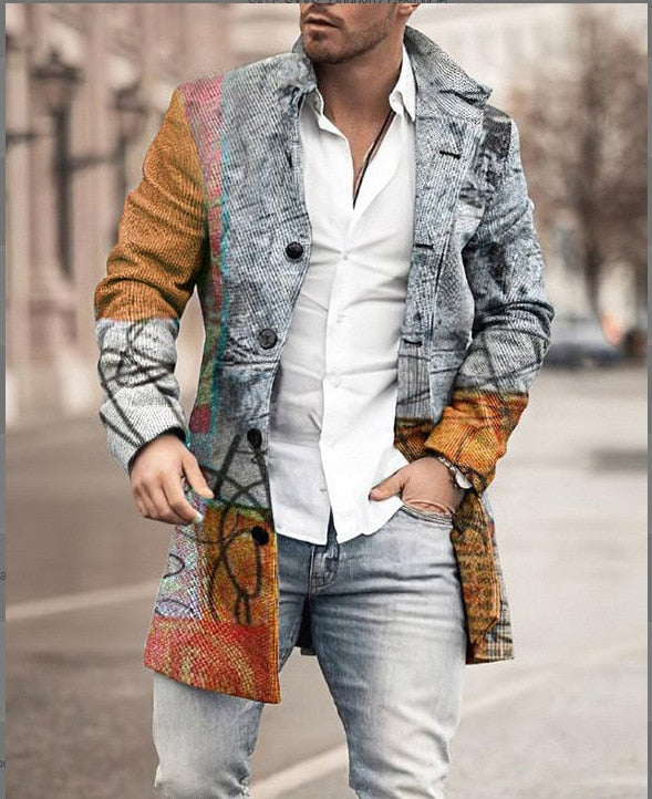 Blauwgrijze herenjas met mosterdkleurig patchwork