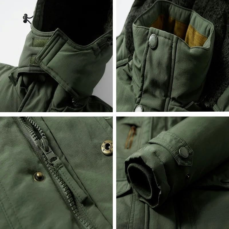 Details van de winterparka: capuchonkoord, gevoerde kraag, rits met drukknopen en manchet | Boutique Moda
