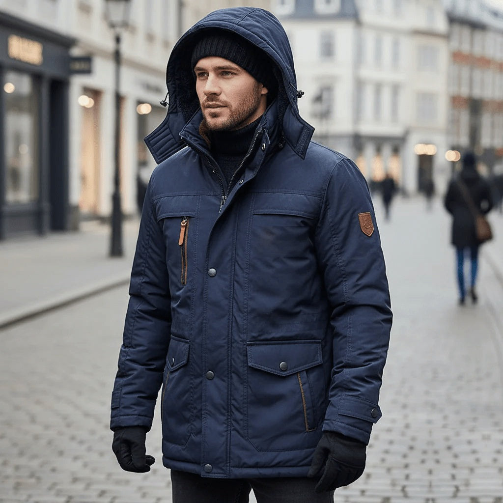 Man draagt donkerblauwe winterparka met capuchon in een winterse straat | Boutique Moda
