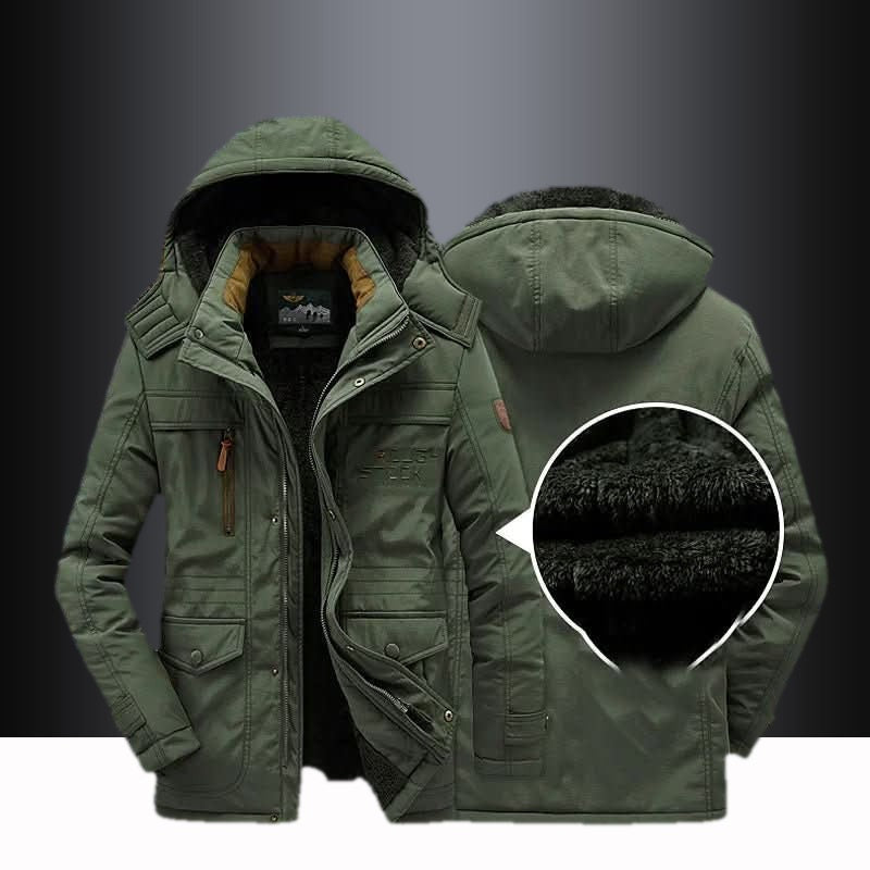 Donkergroene winterparka van voren en van achteren met detail van de fleecevoering | Boutique Moda