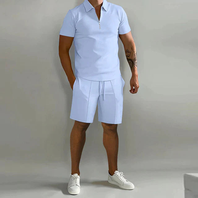 Zomerset heren polo met rits en short Lichtblauw