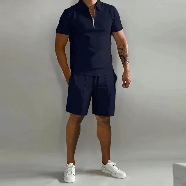 Zomerset heren polo met rits en short Marineblauw